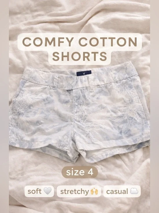 American Eagle Floral Cotton Shorts Size 4 Blue Gray Low Rise Stretch Casual - Picture 1 of 4